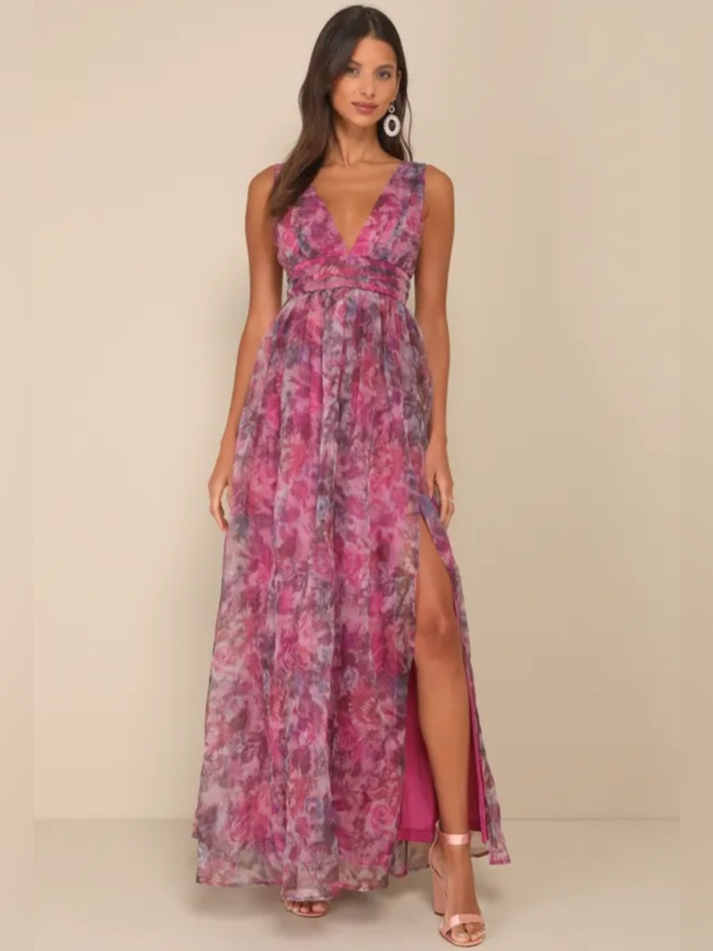 Lulu's Pink Floral Chiffon V-Neck Maxi Dress